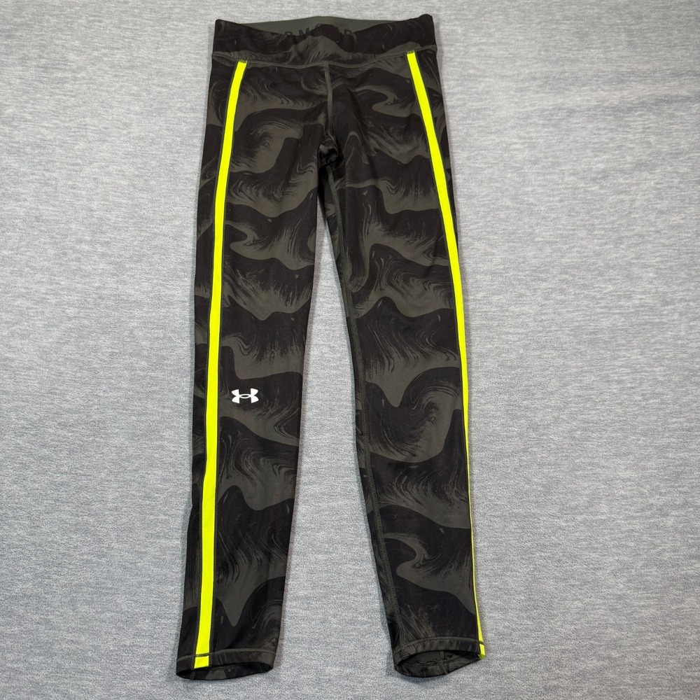 Under Armour Tights Women M Black Camo Neon Trim Compression Running - Picture 1 of 6